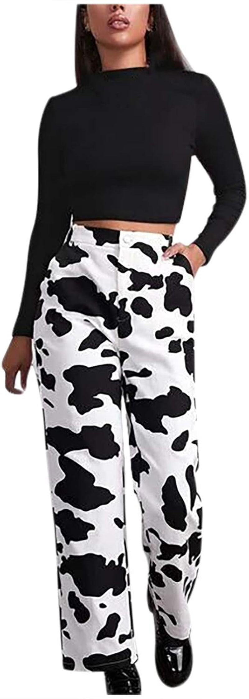 ILUCI Women High Waist Jeans Casual Wide Leg Denim Pants Y2K Fashion White Cow Print Jeans Straight Trousers Streetwear