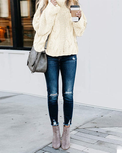 Chic Ballon Sleeve Winter Turtleneck Chunky Sweater Slouchy Oversized Loose Pullover Outerwear Warm Thick