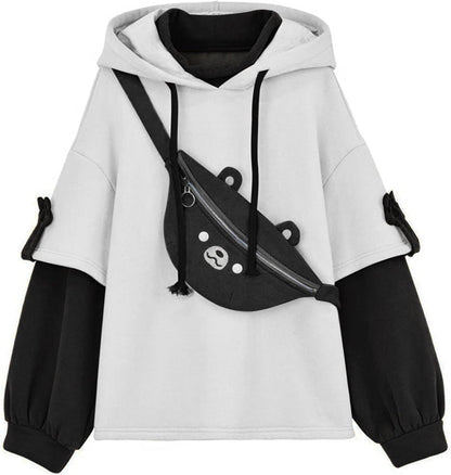 Women'S Fashion Brown Bear Hoodies, Winter plus Size Cute Comfy Color Block Long Sleeve Hooded Pullover Tops with Bag