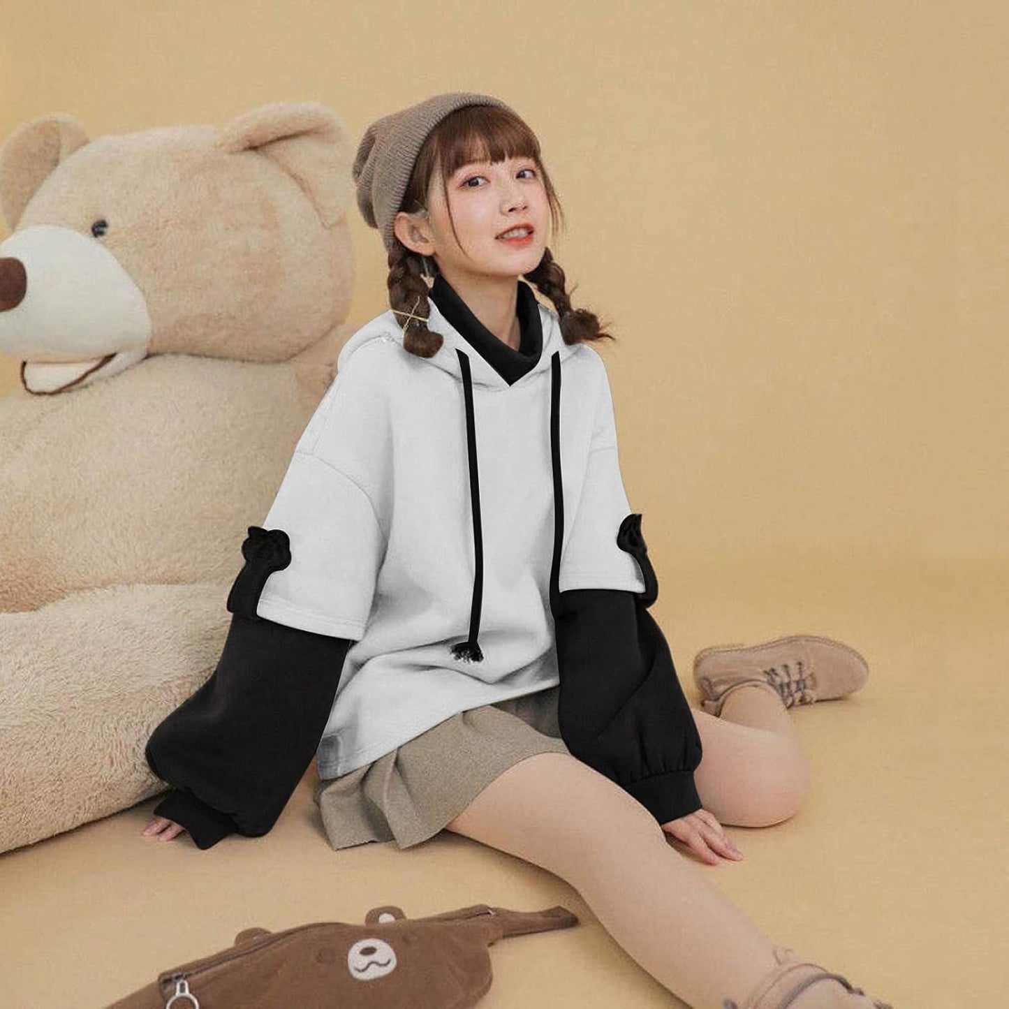 Women'S Fashion Brown Bear Hoodies, Winter plus Size Cute Comfy Color Block Long Sleeve Hooded Pullover Tops with Bag