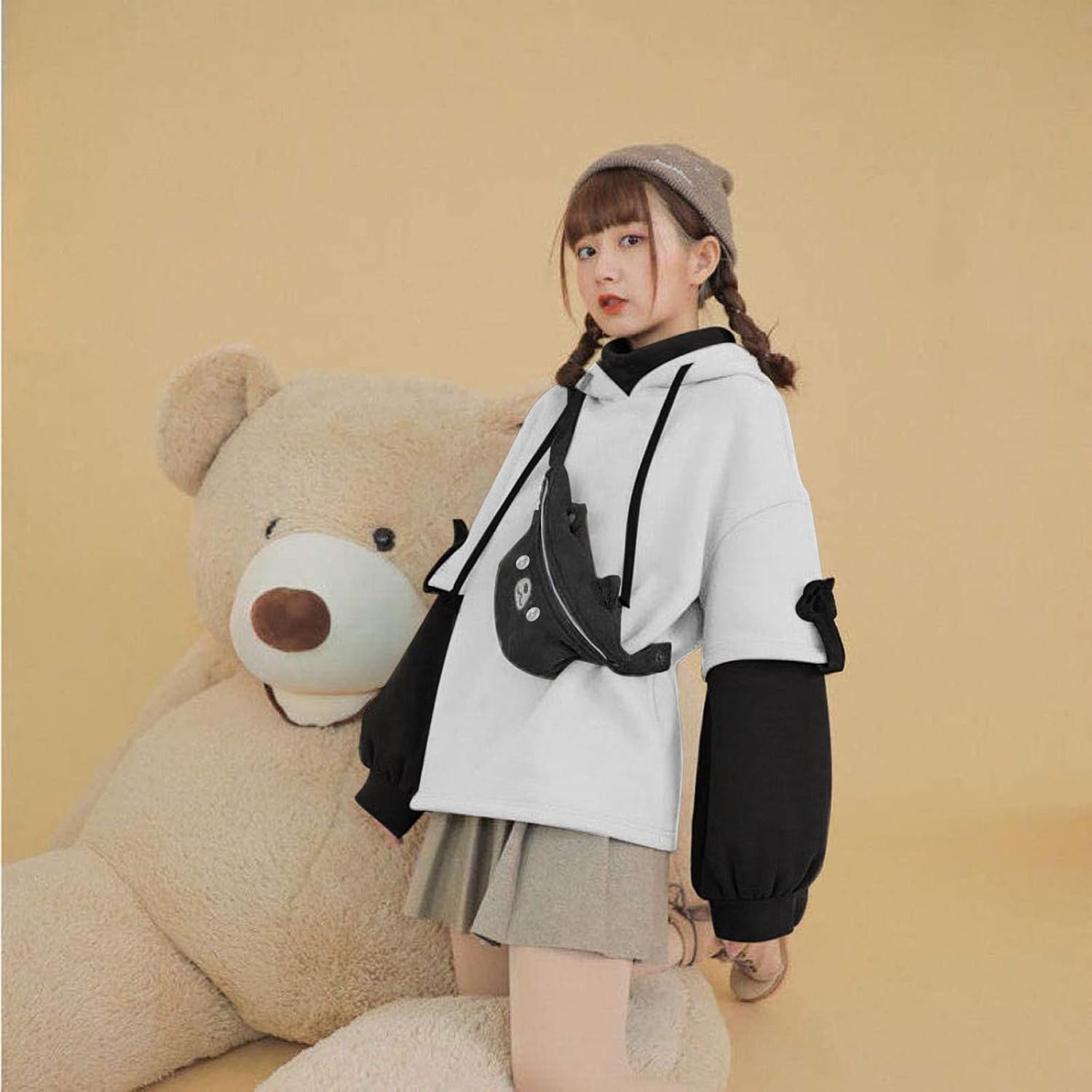 Women'S Fashion Brown Bear Hoodies, Winter plus Size Cute Comfy Color Block Long Sleeve Hooded Pullover Tops with Bag