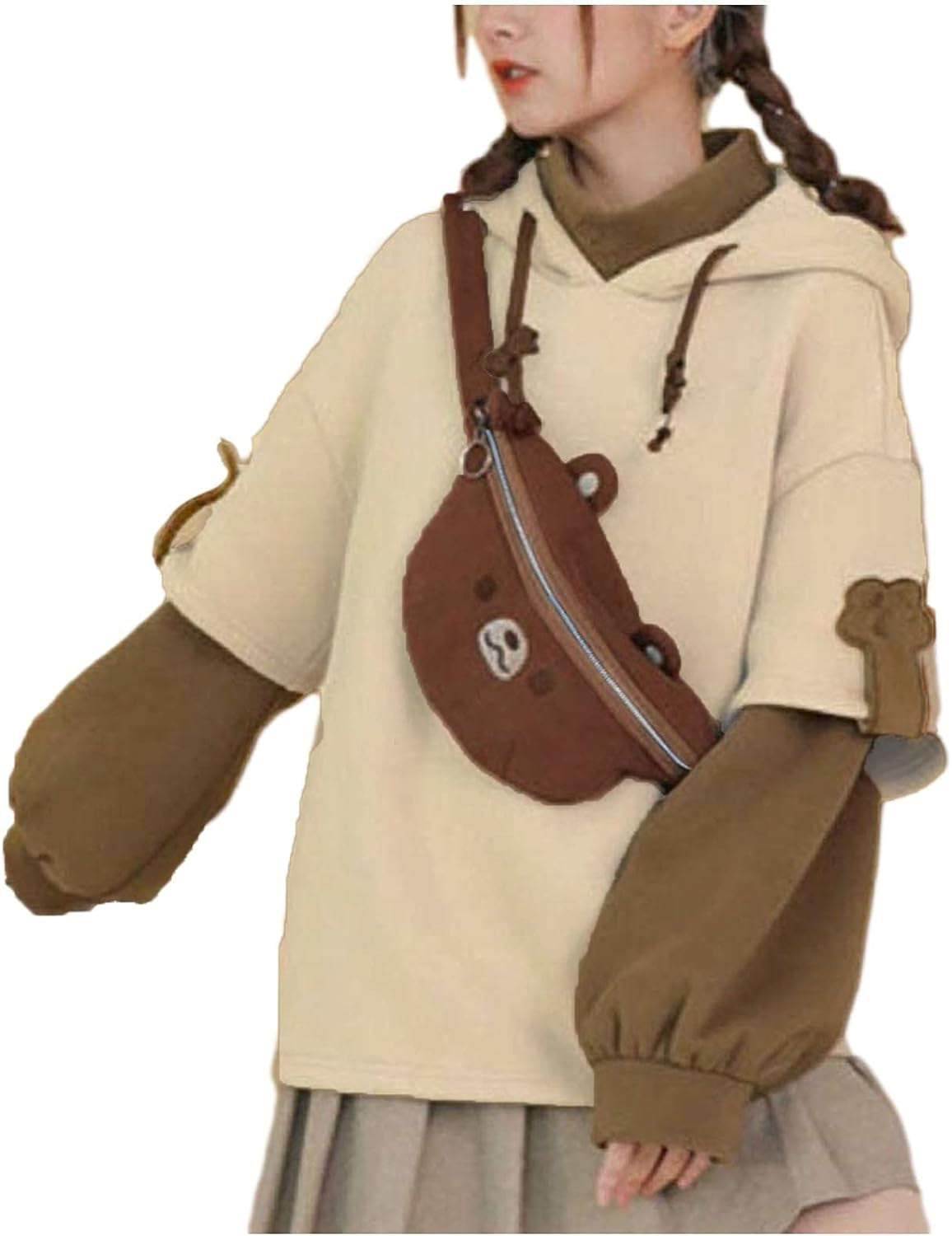 Women'S Fashion Brown Bear Hoodies, Winter plus Size Cute Comfy Color Block Long Sleeve Hooded Pullover Tops with Bag