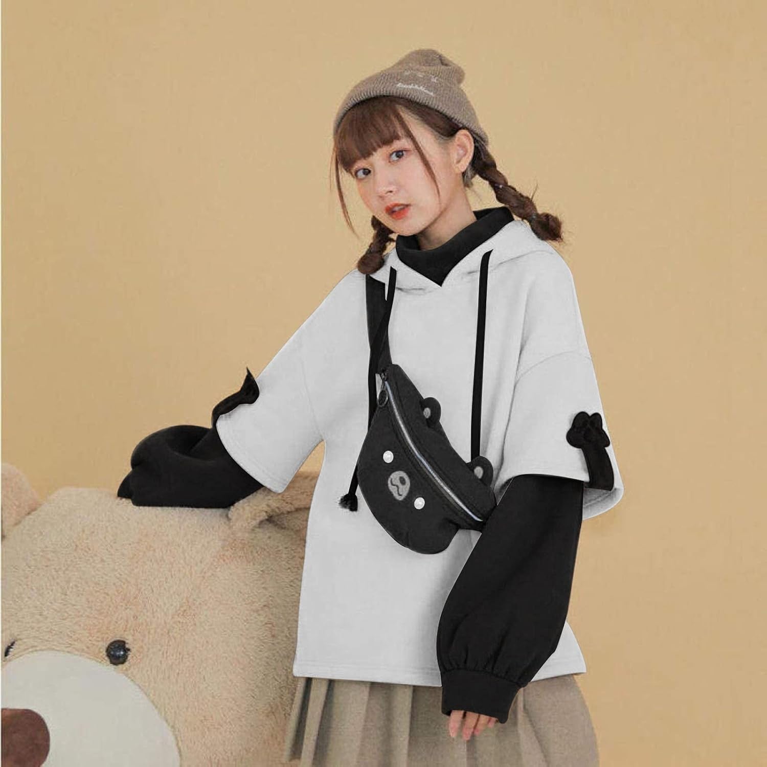 Women'S Fashion Brown Bear Hoodies, Winter plus Size Cute Comfy Color Block Long Sleeve Hooded Pullover Tops with Bag