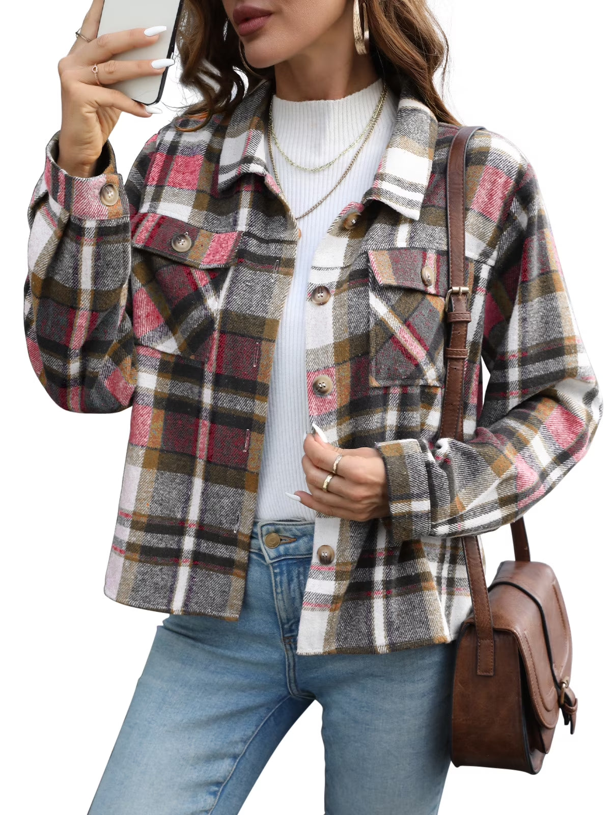 Womens Shacket Plaid Shirts Flannel Shacket Jacket Long Sleeve Button down Shirt Trendy Fall Outfits for Women Coats